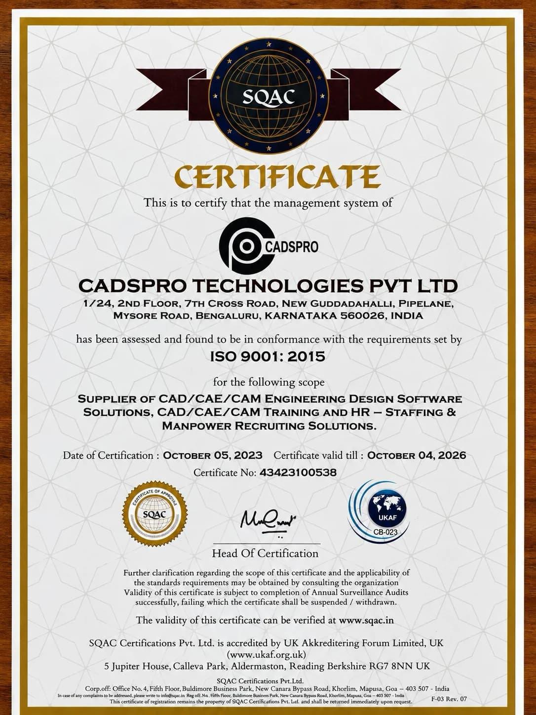 ISO 9001:2015 certificate (Cert. No. 43423100538) — Cadspro Technologies Pvt Ltd